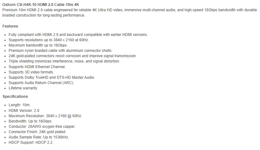 Oxhorn 10m 4K HDMI to HDMI Cable v2.0