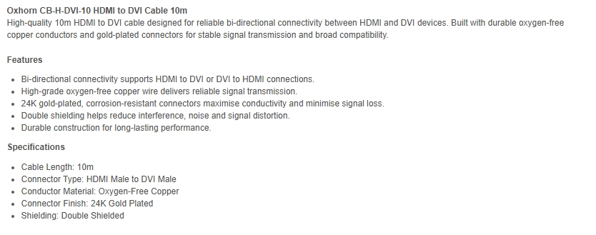 Oxhorn 10m HDMI Male to DVI Male Cable