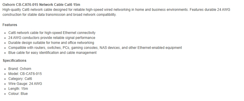 Oxhorn 15m Cat6 Ethernet Network Cable - Blue