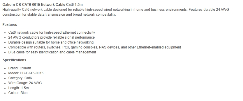 Oxhorn 1.5m Cat6 Ethernet Network Cable - Blue
