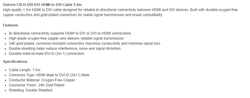 Oxhorn 1.5m HDMI Male to DVI Male Cable