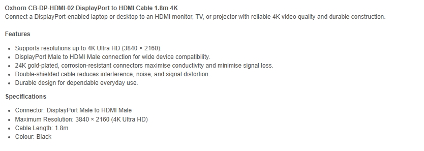 Oxhorn 1.8m 4K DisplayPort Male to HDMI Male Cable