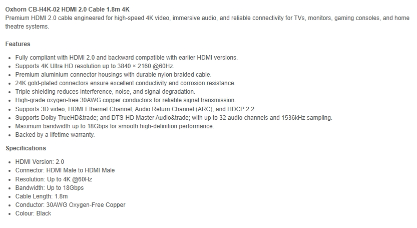 Oxhorn 1.8m 4K HDMI Male to HDMI 2.0 Male Cable