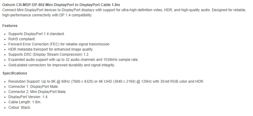 Oxhorn 1.8m Mini DisplayPort to DisplayPort Male to Male Cable
