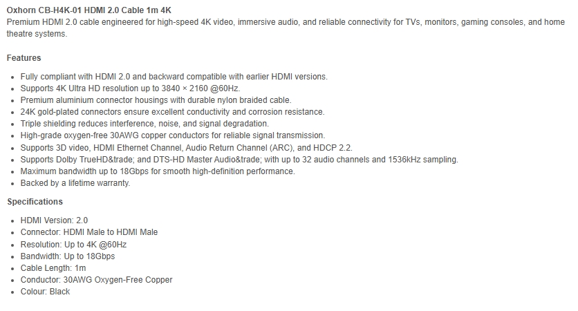 Oxhorn 1m 4K HDMI Male to HDMI 2.0 Male Cable