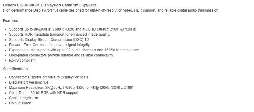 Oxhorn 1m DisplayPort Male to DisplayPort Male Cable v1.4