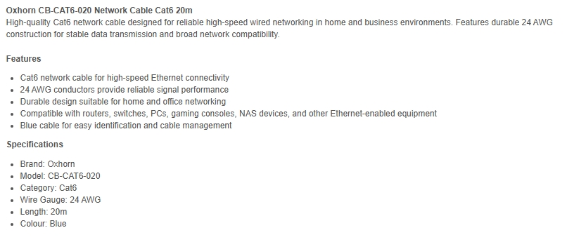 Oxhorn 20m Cat6 Ethernet Network Cable - Blue