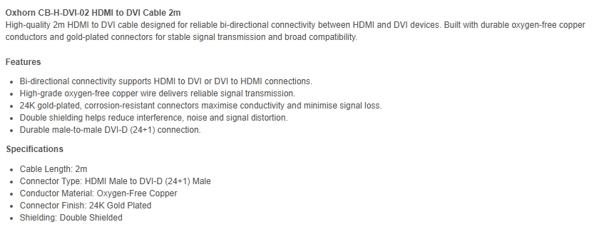 Oxhorn 2m HDMI Male to DVI Male Cable
