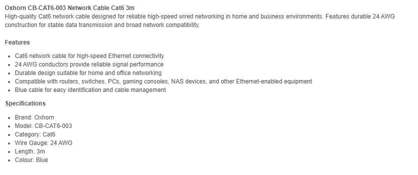 Oxhorn 3m Cat6 Ethernet Network Cable - Blue