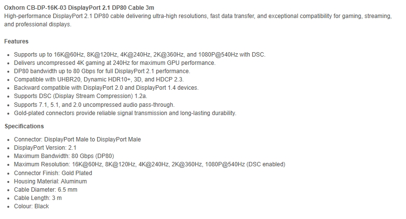 Oxhorn 3m DisplayPort Male to DisplayPort Male Cable v2.1