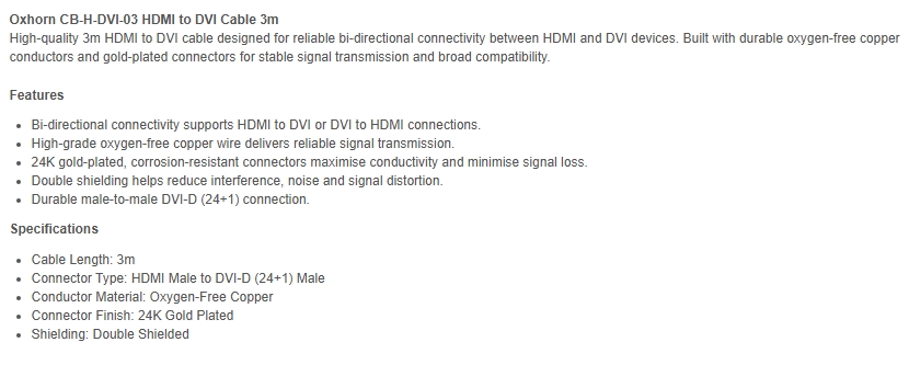 Oxhorn 3m HDMI Male to DVI Male Cable
