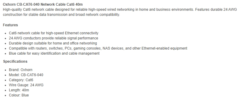 Oxhorn 40m Cat6 Ethernet Network Cable - Blue