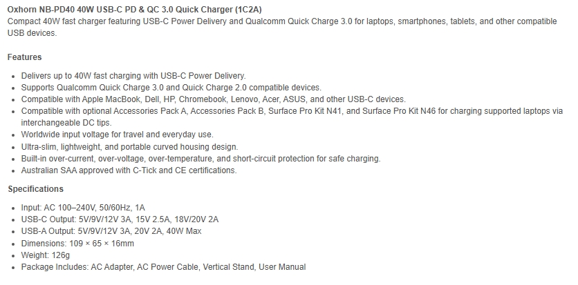 Oxhorn 40W Fast USB-C + USB-A Charger (1C2A)