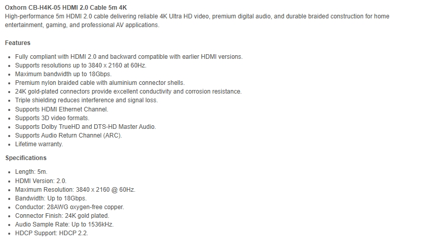 Oxhorn 5m 4K HDMI to HDMI Cable v2.0