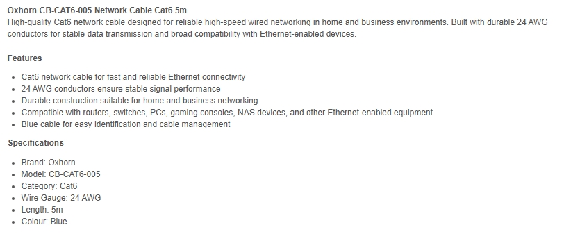 Oxhorn 5m Cat6 Ethernet Network Cable - Blue