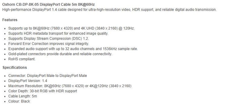 Oxhorn 5m DisplayPort Male to DisplayPort Male Cable v1.4
