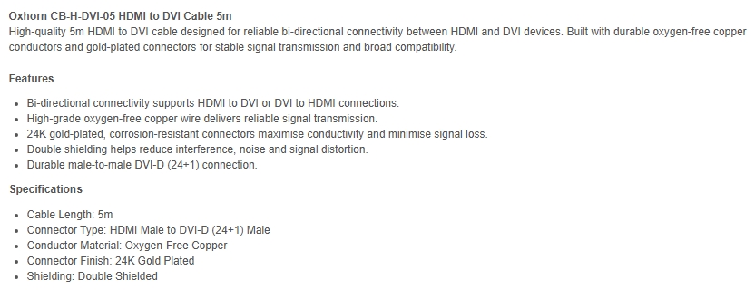 Oxhorn 5m HDMI Male to DVI Male Cable