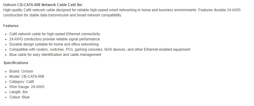 Oxhorn 8m Cat6 Ethernet Network Cable - Blue