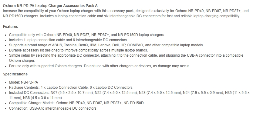 Oxhorn Multi-Device Laptop Charger Accessories Pack A