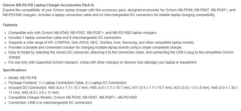 Oxhorn Multi-Device Laptop Charger Accessories Pack B