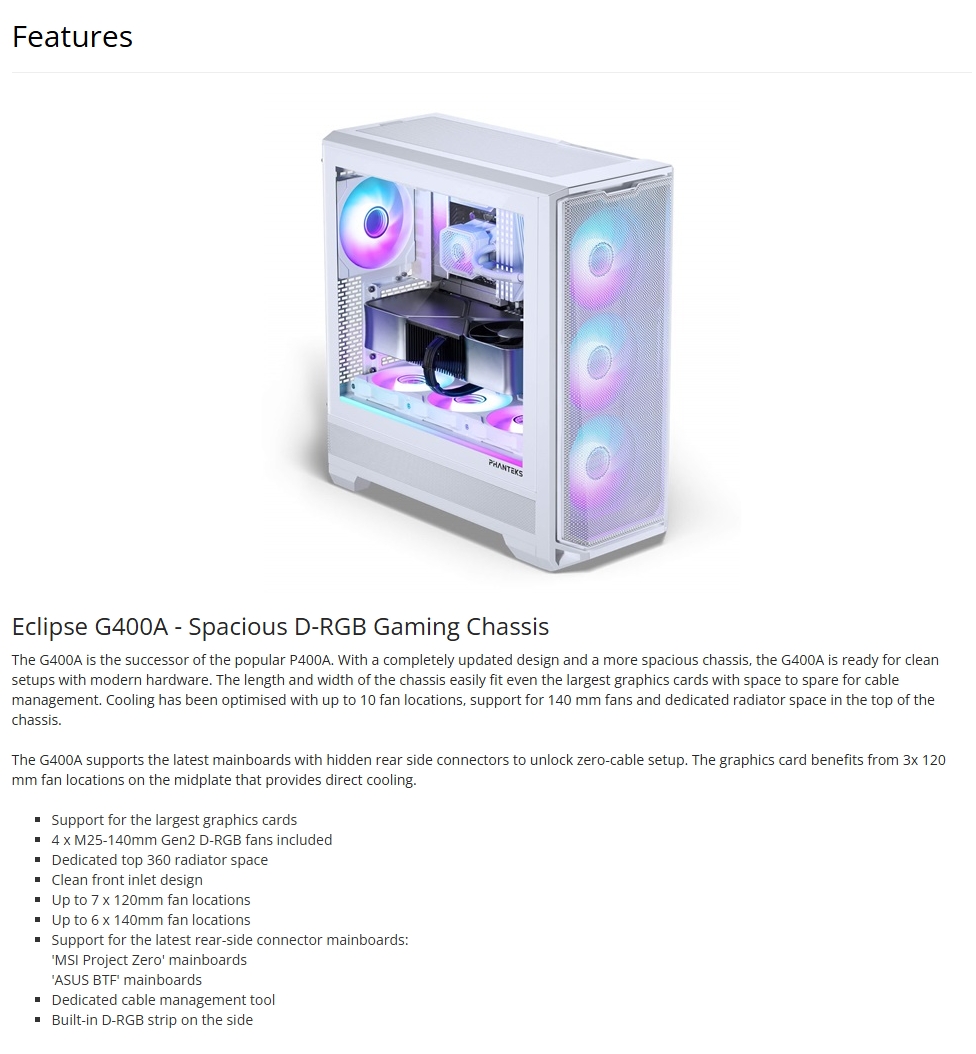 Phanteks Eclipse G400A D-RGB Tempered Glass E-ATX Case - White - PH ...