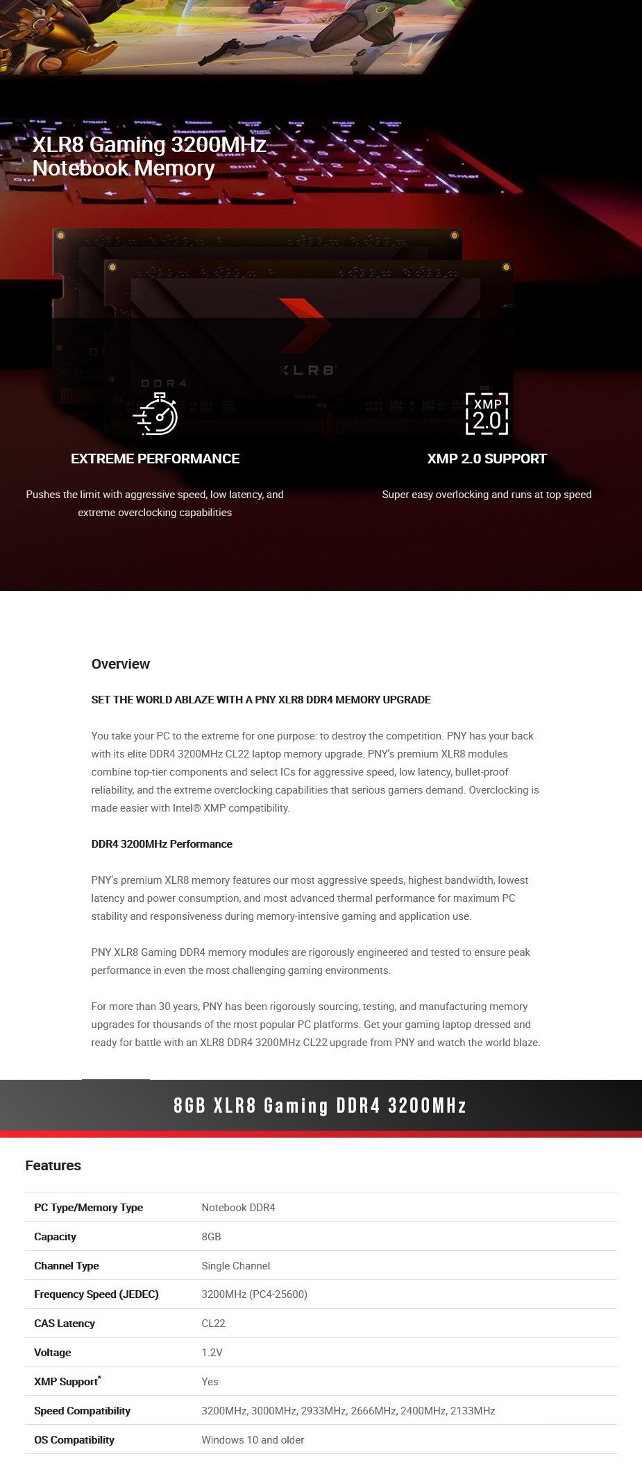 PNY XLR8 8GB (1x 8GB) DDR4 3200MHz SODIMM Notebook Memory - Desktop Overview 1