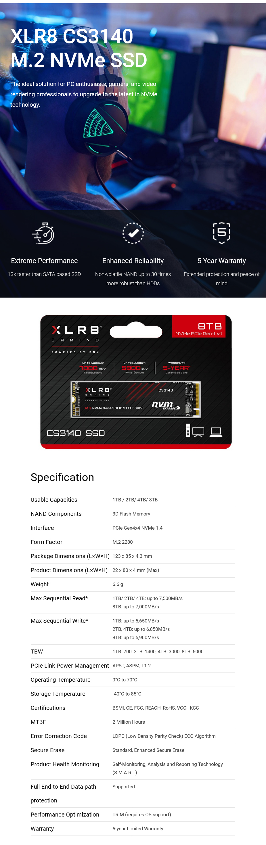 PNY XLR8 CS3140 8TB PCIe 4.0 NVMe M.2 2280 SSD - M280CS3140-8TB-CL - Desktop Overview 1