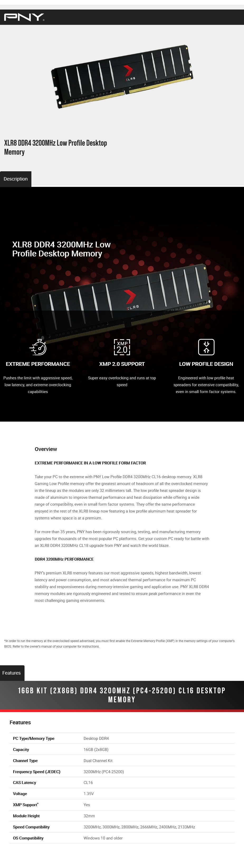 PNY XLR8 Low Profile 16GB (2x 8GB) DDR4 3200MHz U-DIMM Memory - Overview 1