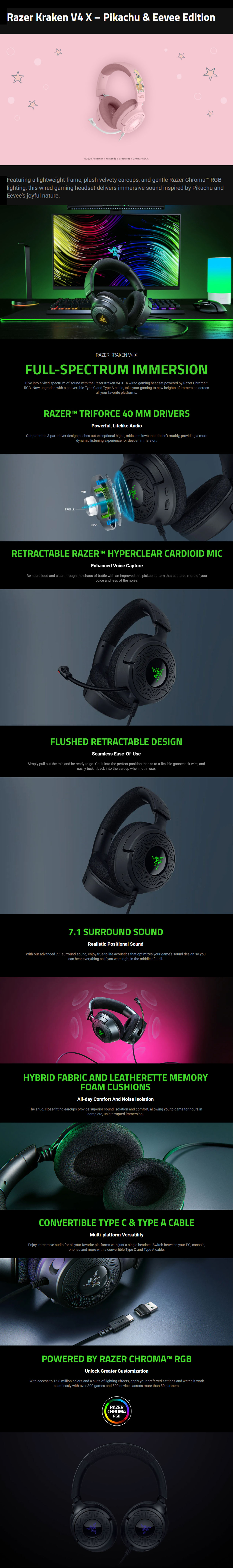 Razer Kraken V4 X Wired Gaming Headset - Pikachu/Eevee Edition