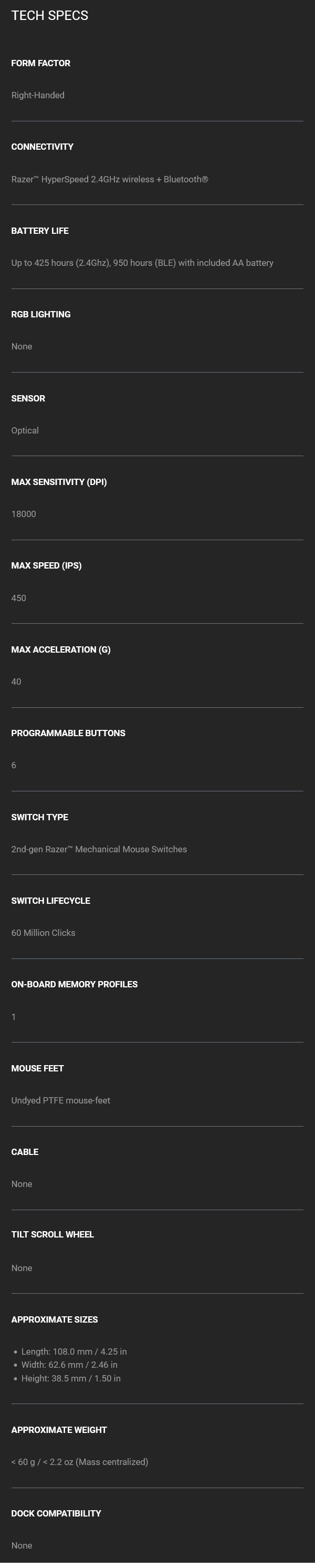 Razer Orochi V2 Wireless Optical Gaming Mouse - Quartz - Specifications