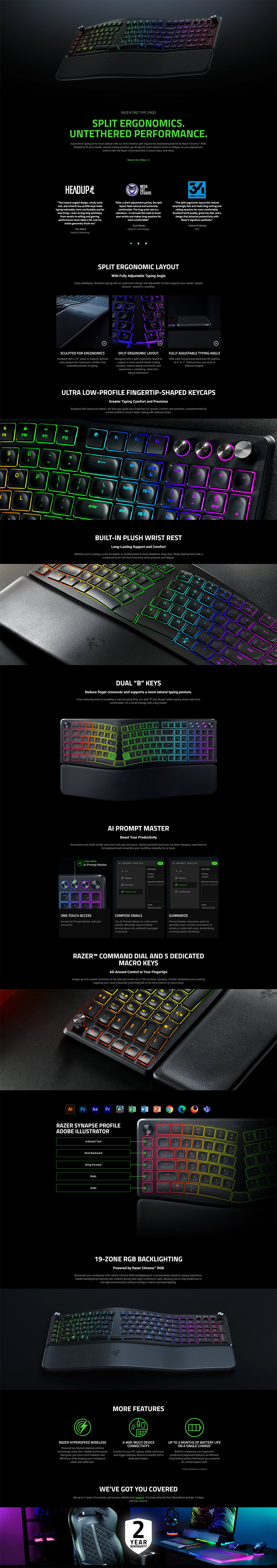 Razer Pro Type Ergo Wireless Split Ergonomic RGB Keyboard