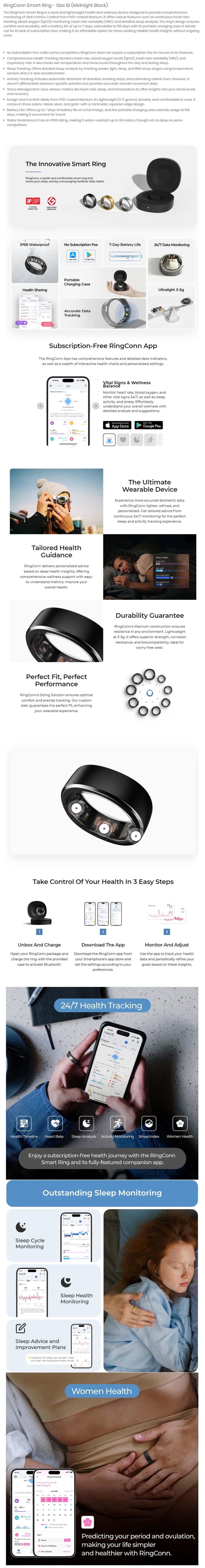 RingConn Gen 1 Smart Ring - Size 10 (Midnight Black)