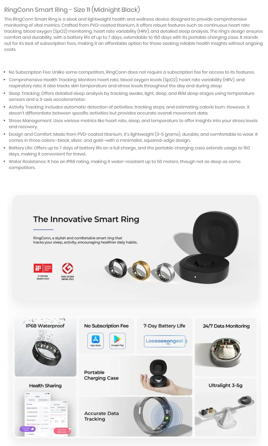 RingConn Gen 1 Smart Ring - Size 11 (Midnight Black)