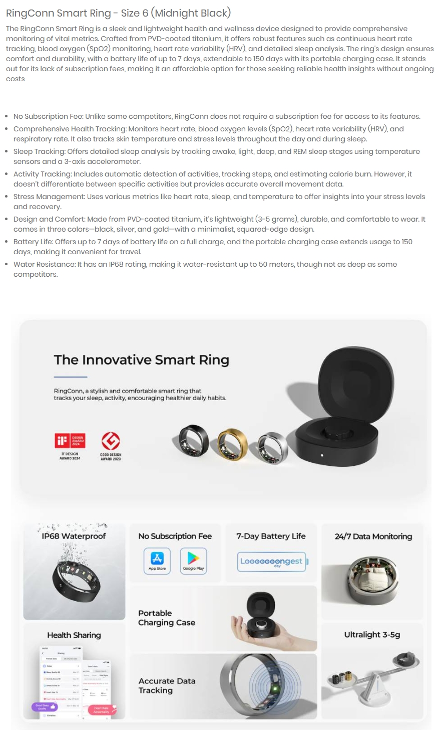 RingConn Gen 1 Smart Ring Size 6 (Midnight Black) SR1MNB6 Mwave