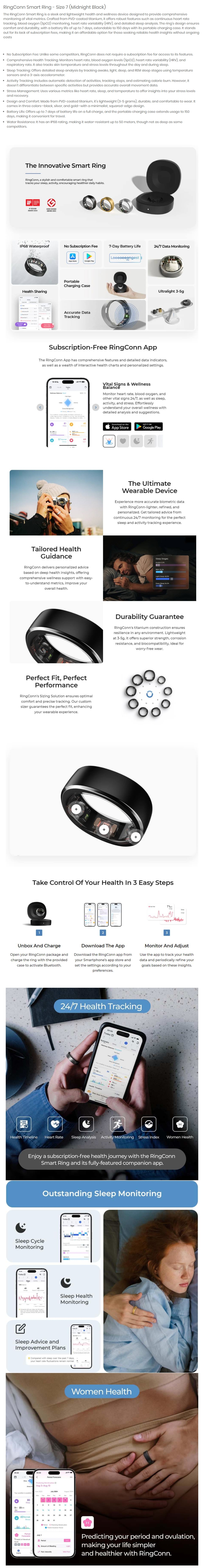 RingConn Gen 1 Smart Ring - Size 7 (Midnight Black)
