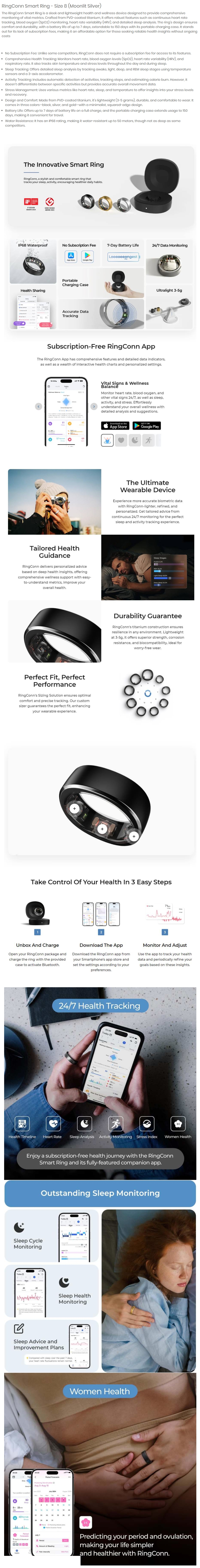 RingConn Gen 1 Smart Ring - Size 8 (Moonlit Silver)