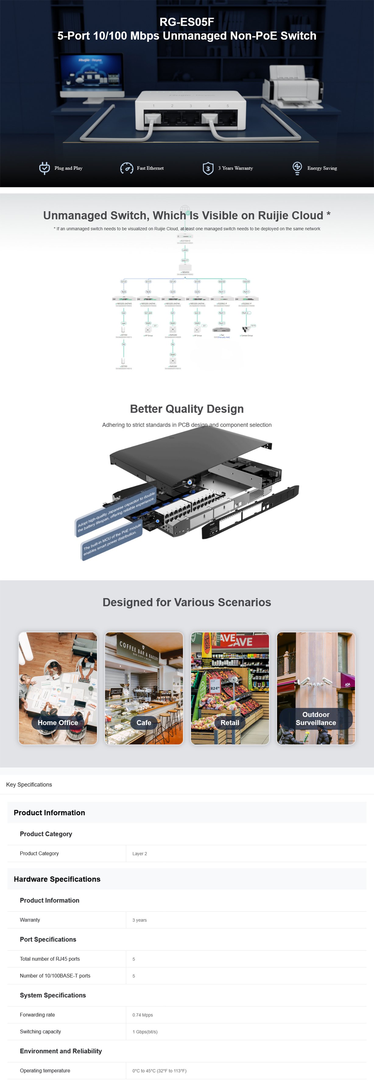 Ruijie RG-ES05G-L 5-Port Gigabit Unmanaged Desktop Switch