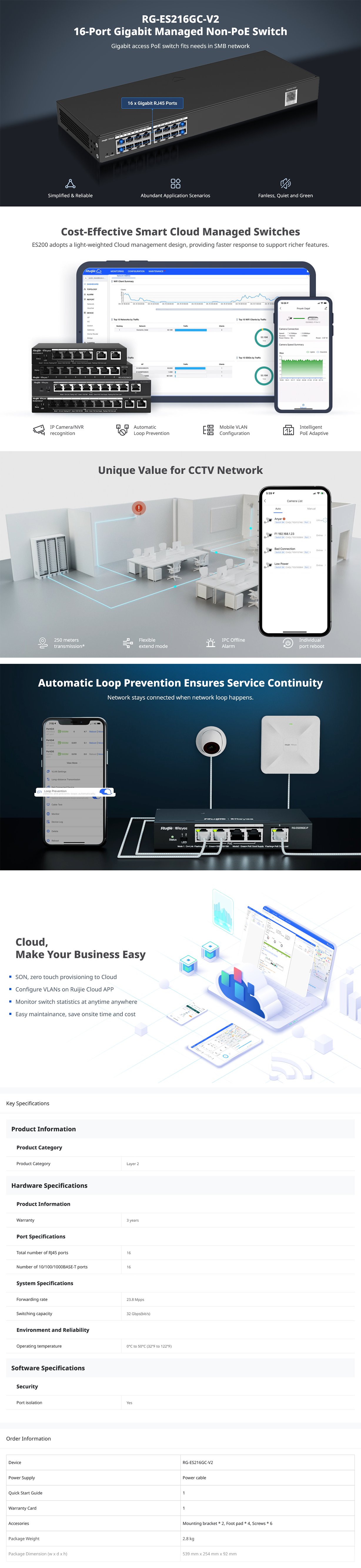 Ruijie RG-ES216GC-V2 16-Port Gigabit Smart Cloud Managed Switch