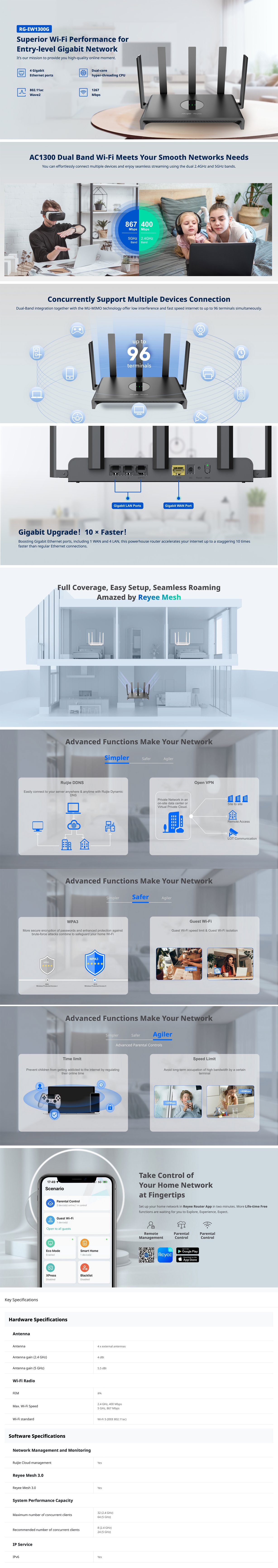 Ruijie RG-EW1300G 1300M Dual-Band Gigabit Wi-Fi 5 Home Router