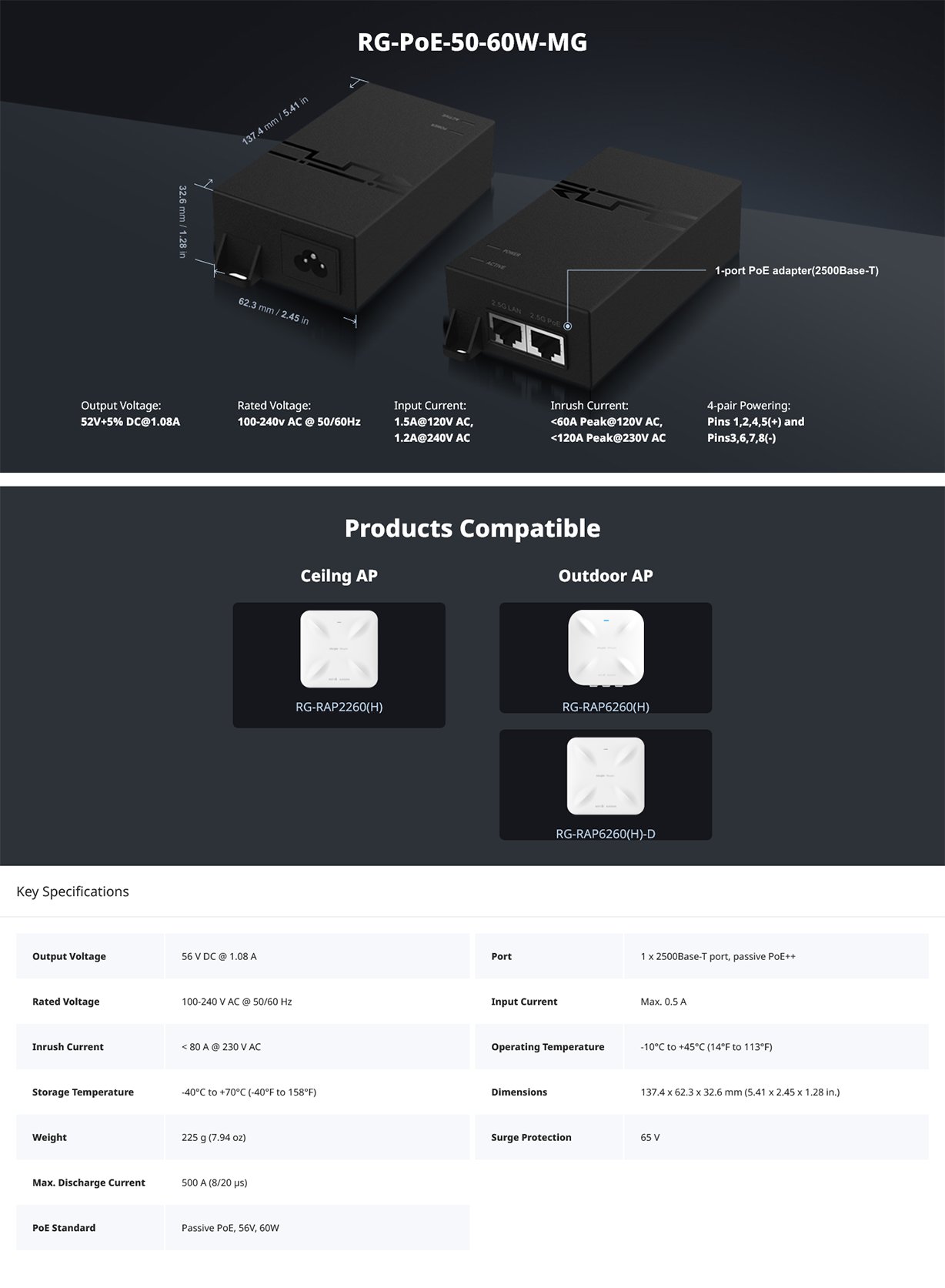Ruijie RG-POE-50-60W-MG 50V 60W Passive PoE Injector