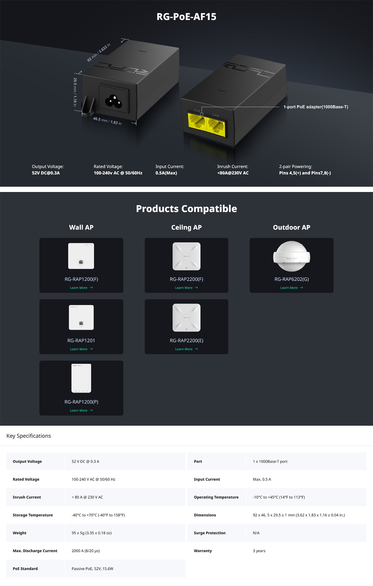 Ruijie RG-POE-AF15 52V 15.6W Passive PoE Injector