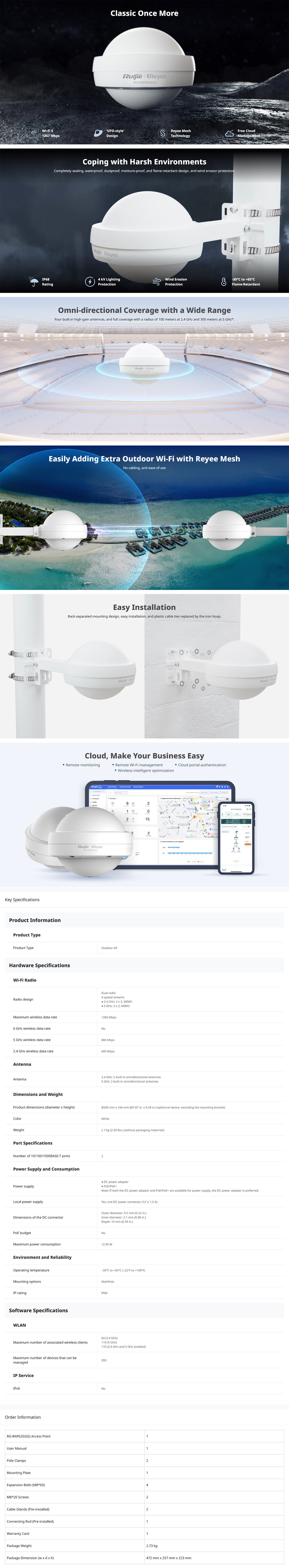 Ruijie RG-RAP6202-G AC1300 Outdoor Dual-Band Wi-Fi 5 Access Point