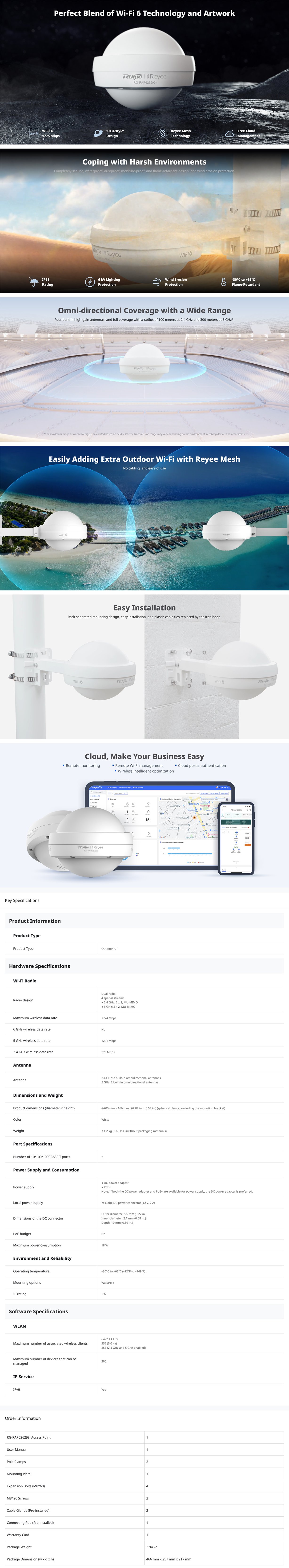 Ruijie RG-RAP6262-G AX1800 Outdoor Dual-Band Wi-Fi 6 Access Point