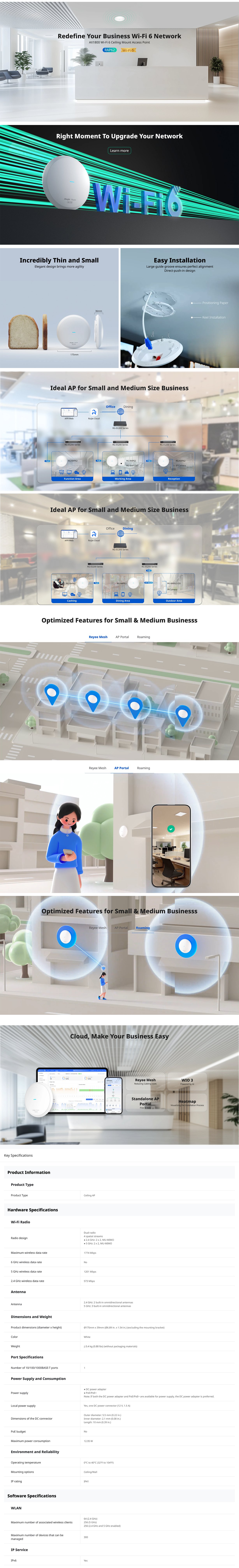 Ruijie RG-RAP62 AX1800 Ceiling Mount Dual-Band Wi-Fi 6 Access Point