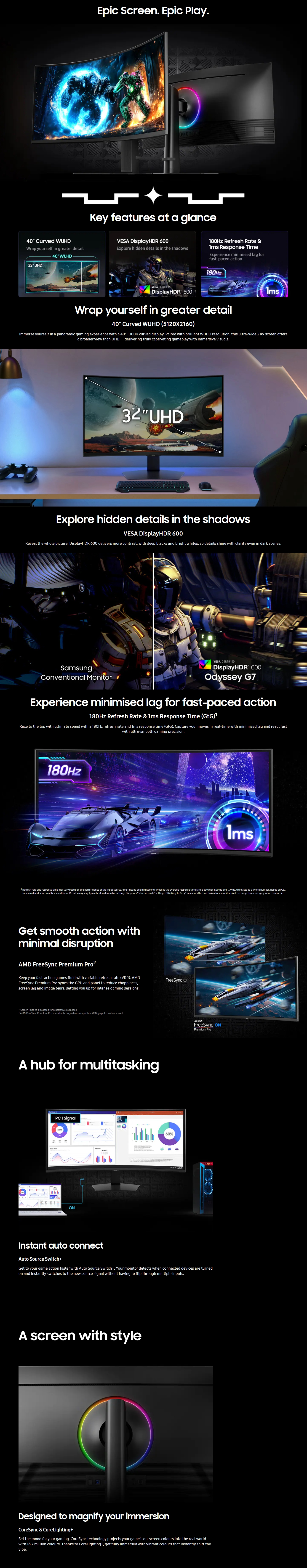 Samsung Odyssey G7 G75F 40" WUHD 180Hz 1ms FreeSync Premium Pro VA Gaming Monitor