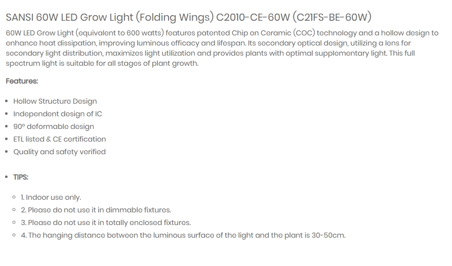 Sansi E27 60W LED Grow Light, Folding Wings