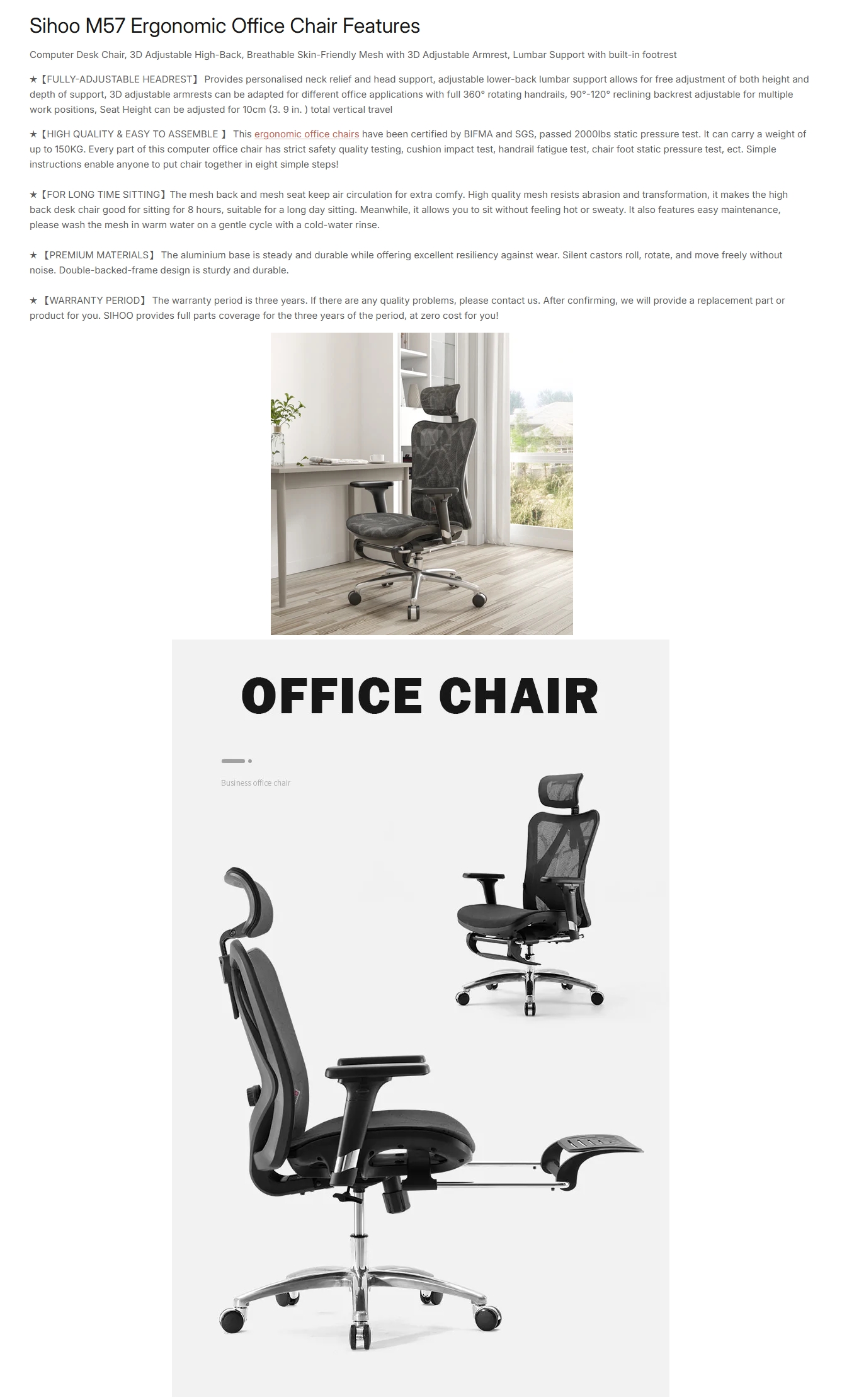 Sihoo M57 Ergonomic Office Chair with Footrest - Grey Frame