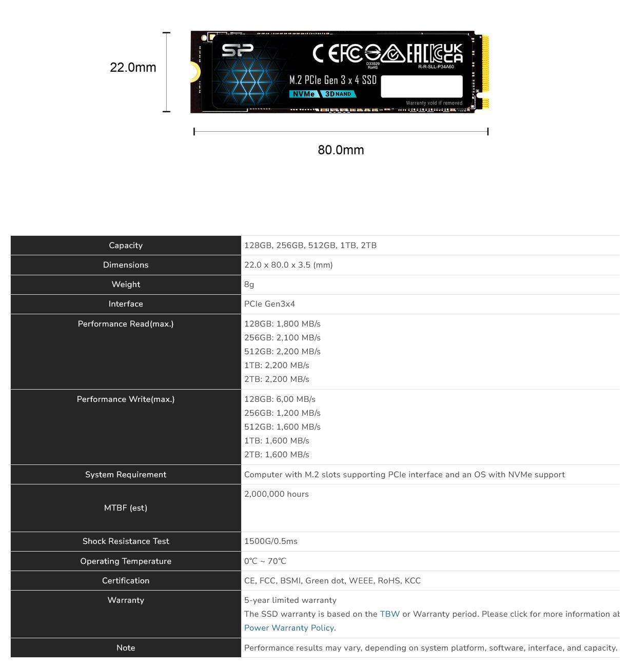 Silicon Power P34A60 1TB PCIe 3.0 NVMe M.2 SSD