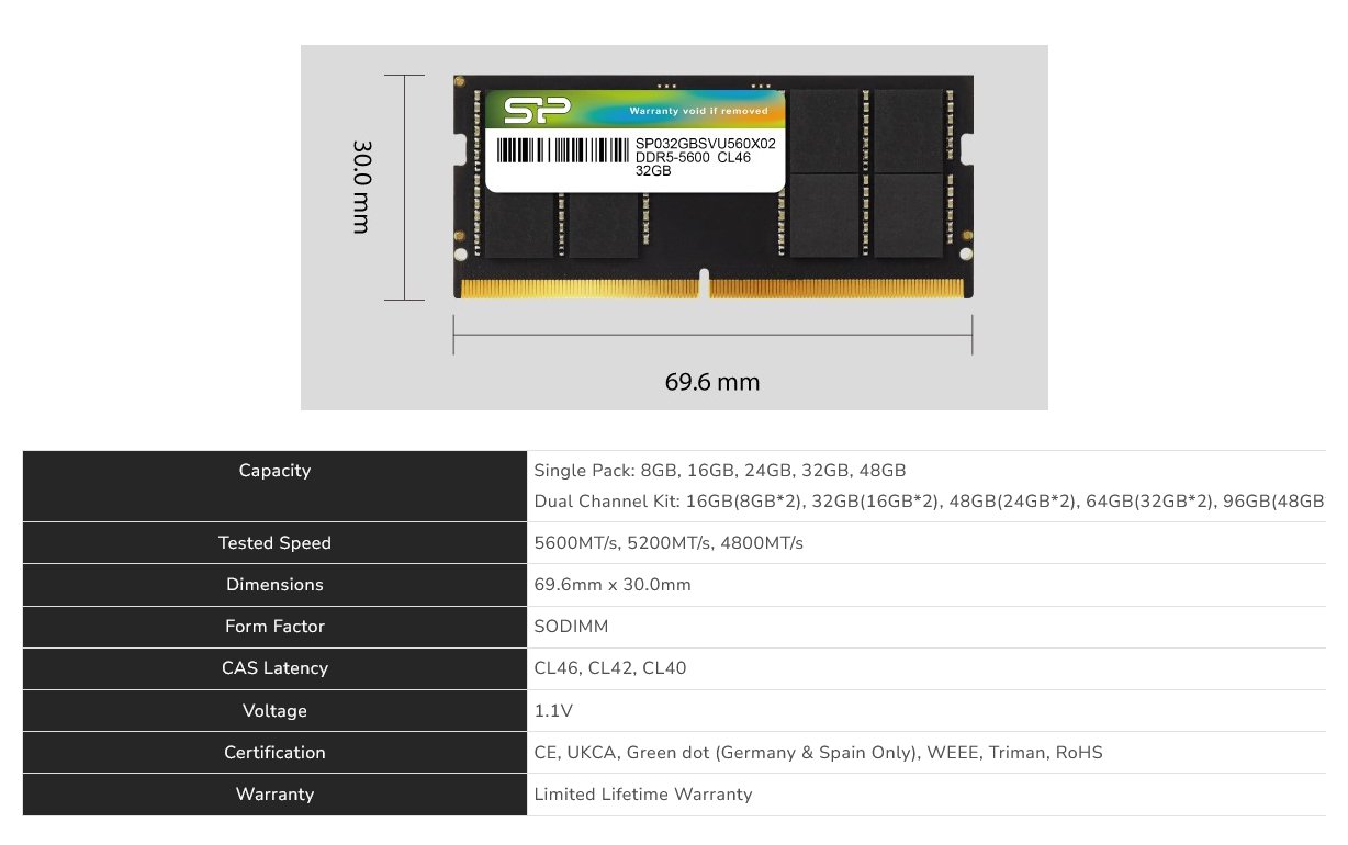 Silicon Power Upgrade 32GB (1x 32GB) DDR5 5600MHz SODIMM Laptop Memory
