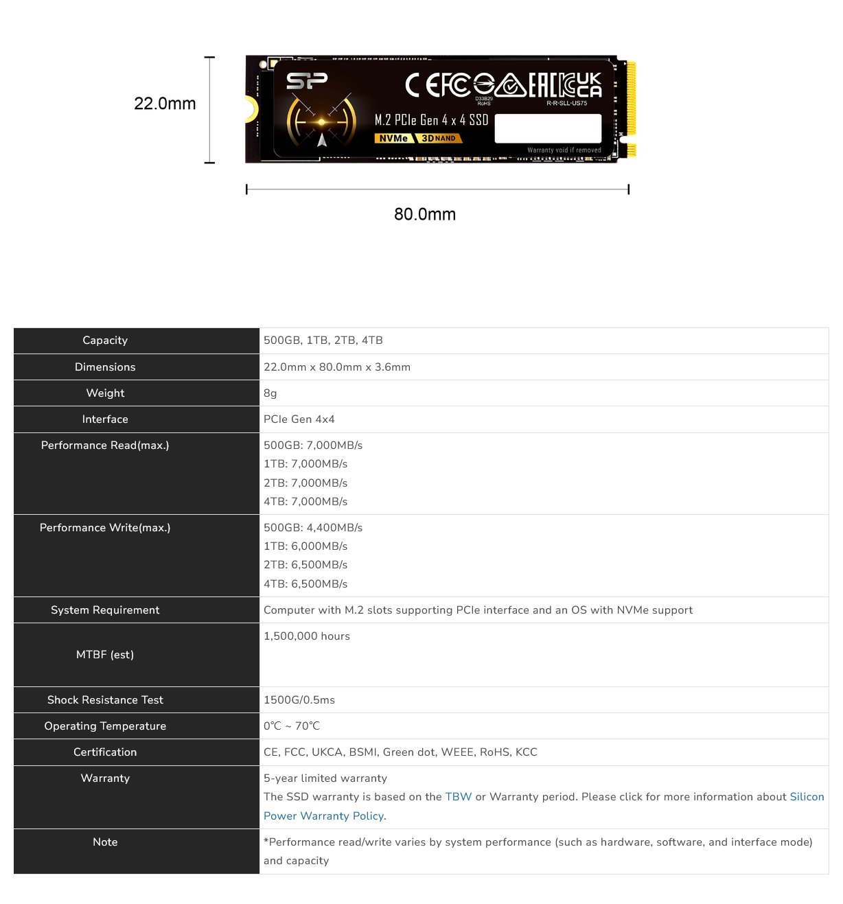 Silicon Power US75 4TB PCIe 4.0 NVMe M.2 SSD - SZ04KGBP44US7505AU